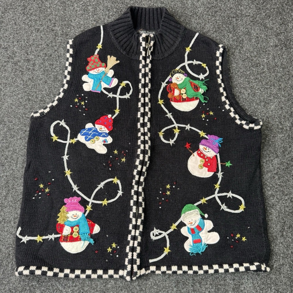 Studio Joy Christmas Sweater Vest P/M Snowman Applique Beaded Zip Black Holiday